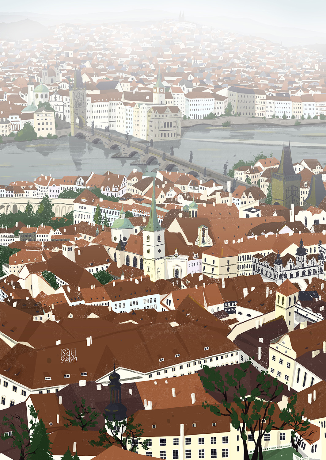 View on the Prague - Illustration by Tatiana Saturday Sketch