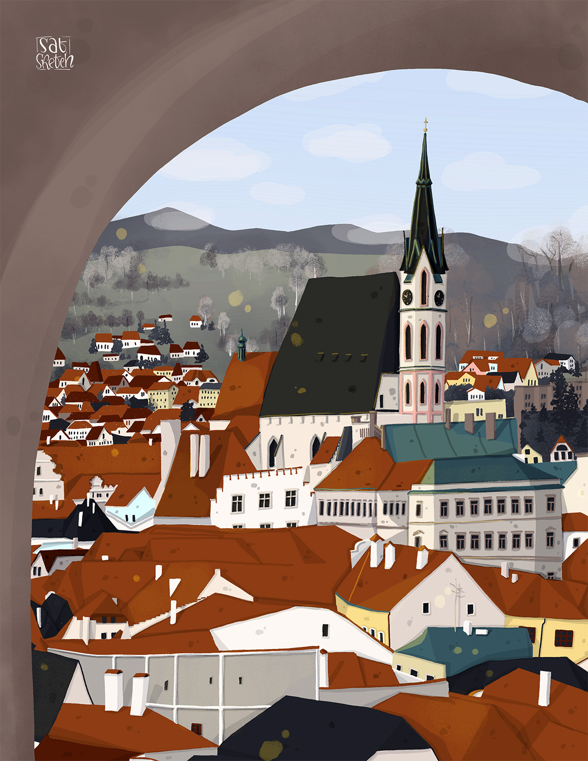 Czech Krumlov View from the top - illustration by Saturday Sketch