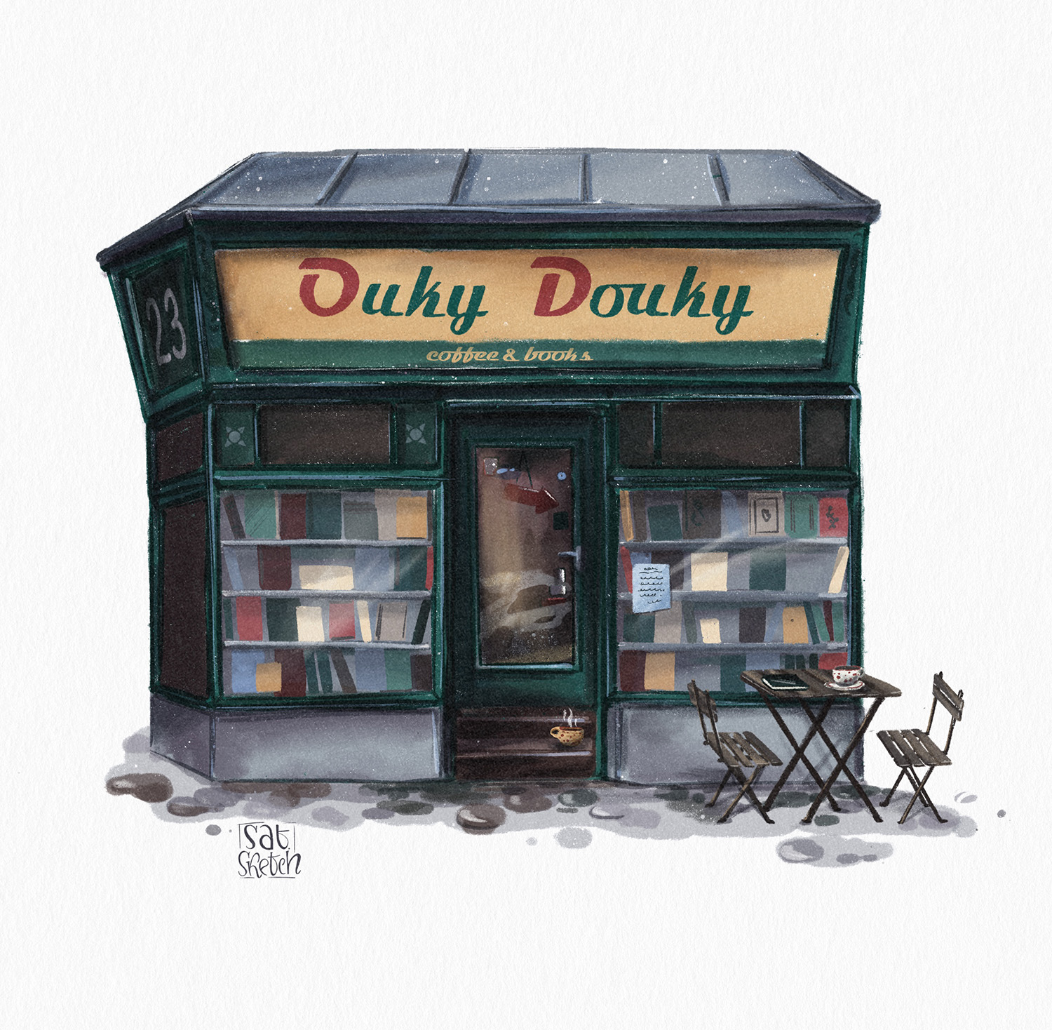 Ouky Douky Antique Bookshop illustration by Saturday Sketch