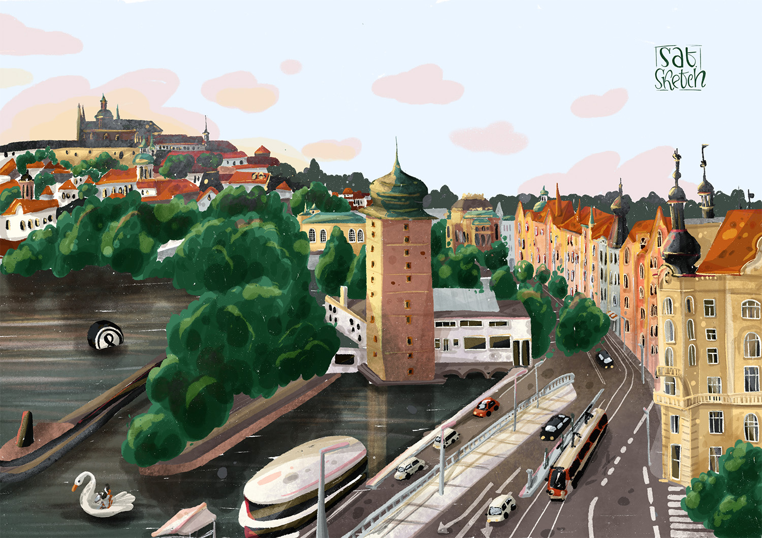 Postcard Prague View from Dancing House Illustration by Tatiana Saturday Sketch
