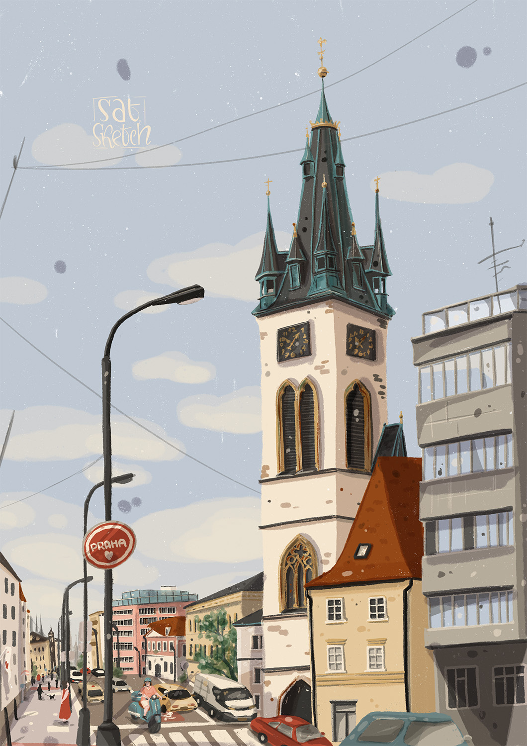 Postcard Prague Štěpánská Street illustrated by Tatiana Saturday Sketch