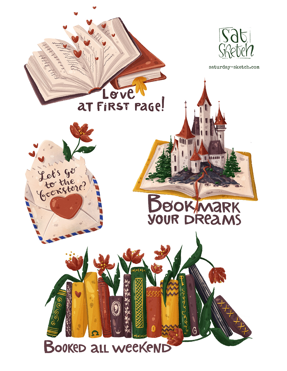 Book themed stickers designed and illustrated by Tatiana Saturday Sketch