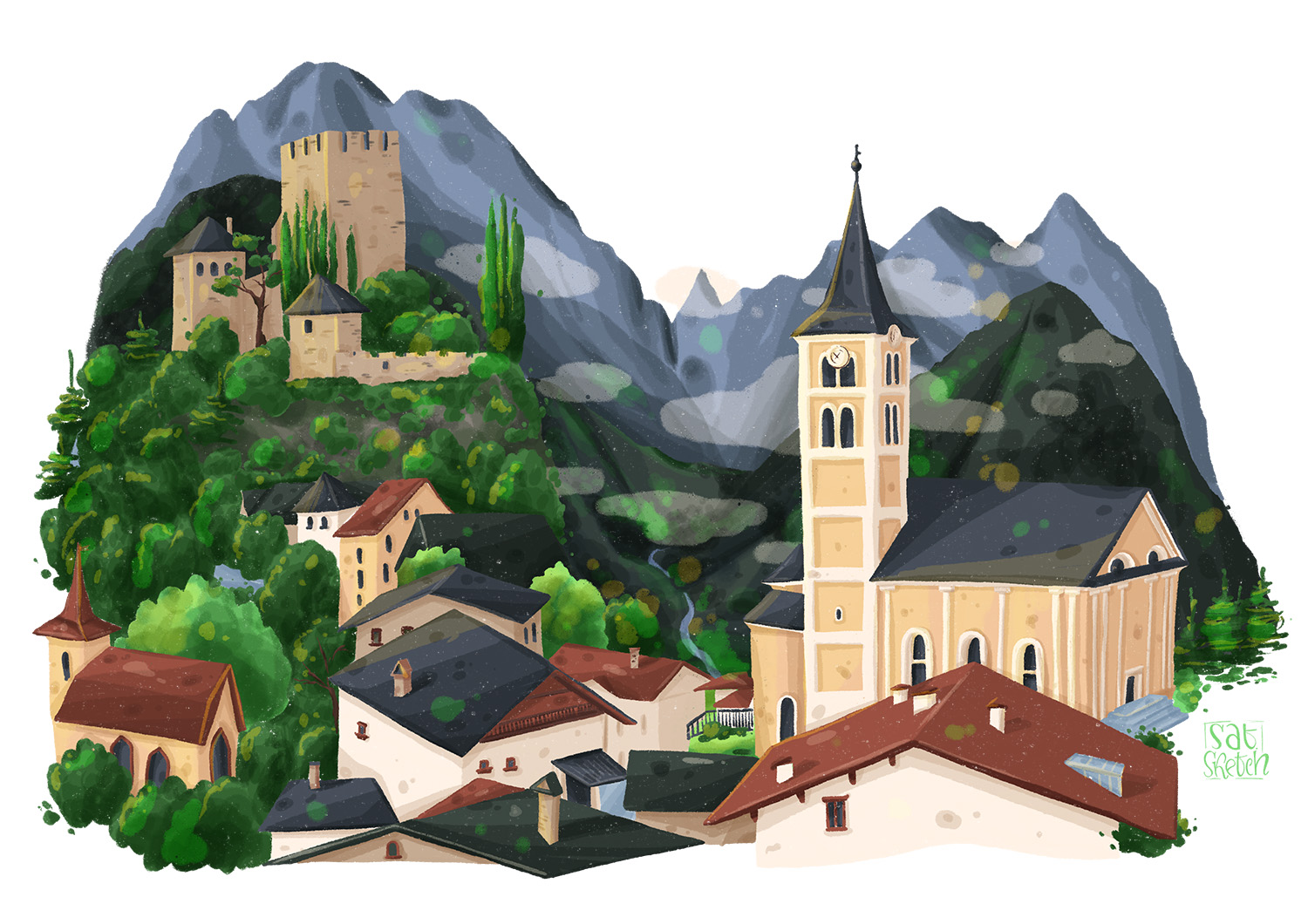 Fiss Ladis Serfaus illustration by Tatiana Saturday Sketch