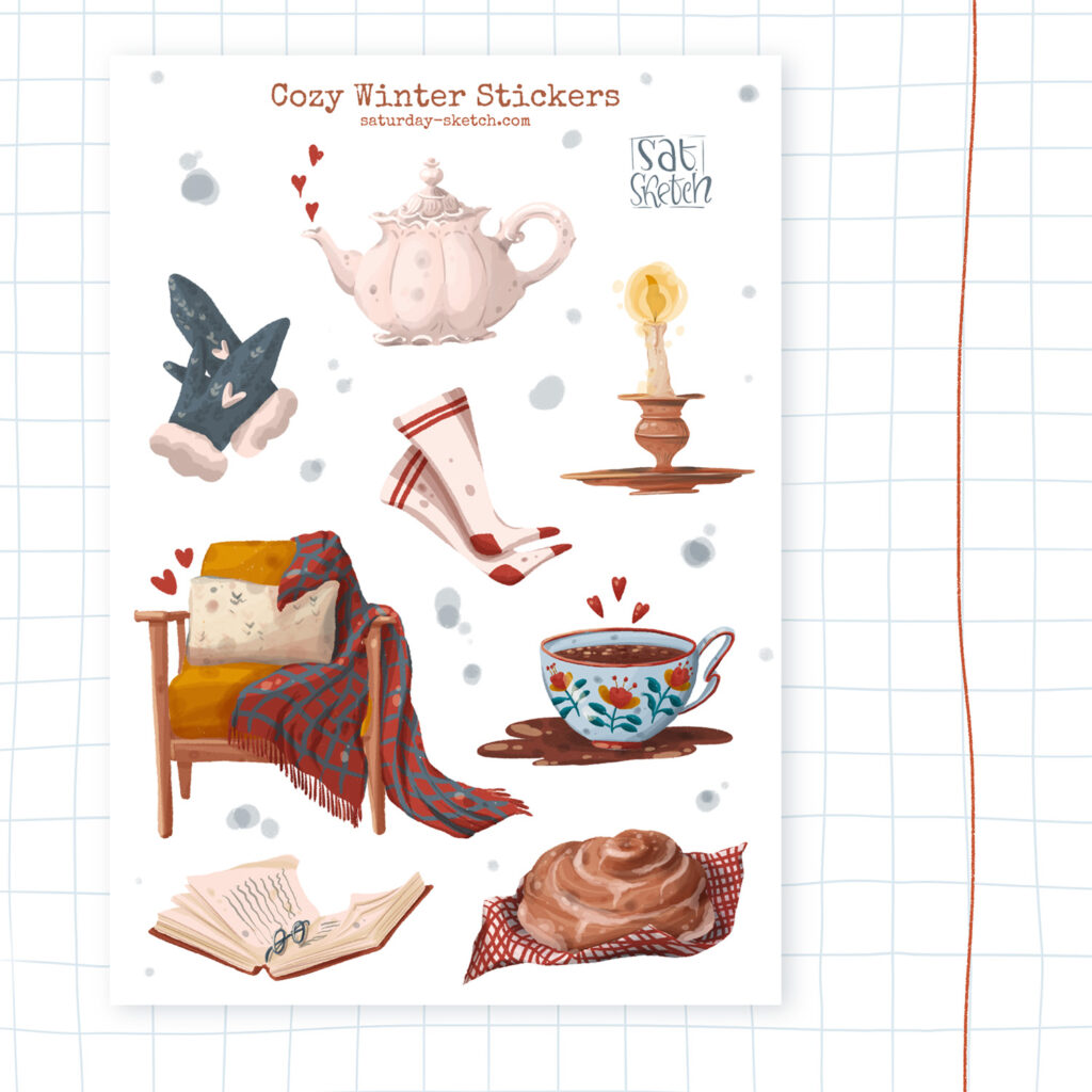 Cozy Winter Stickers illustrated by Tatiana Saturday Sketch - digital download