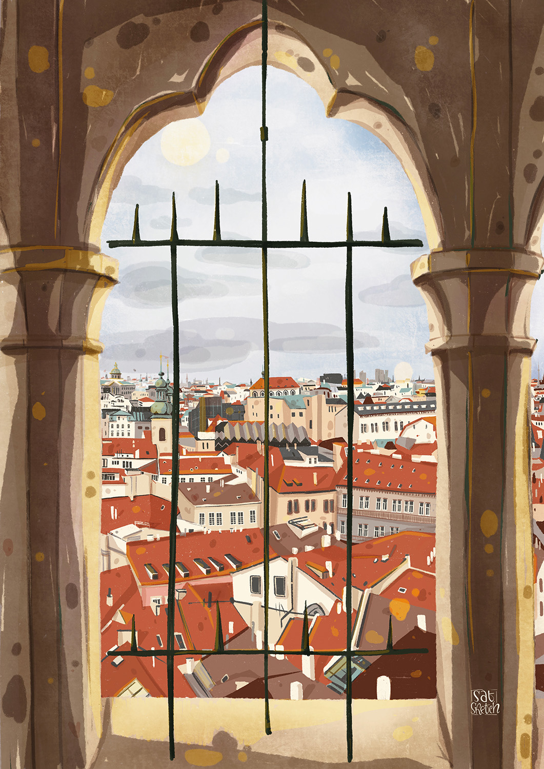 Postcard Prague Window - illustrated by Tatiana Saturday Sketch