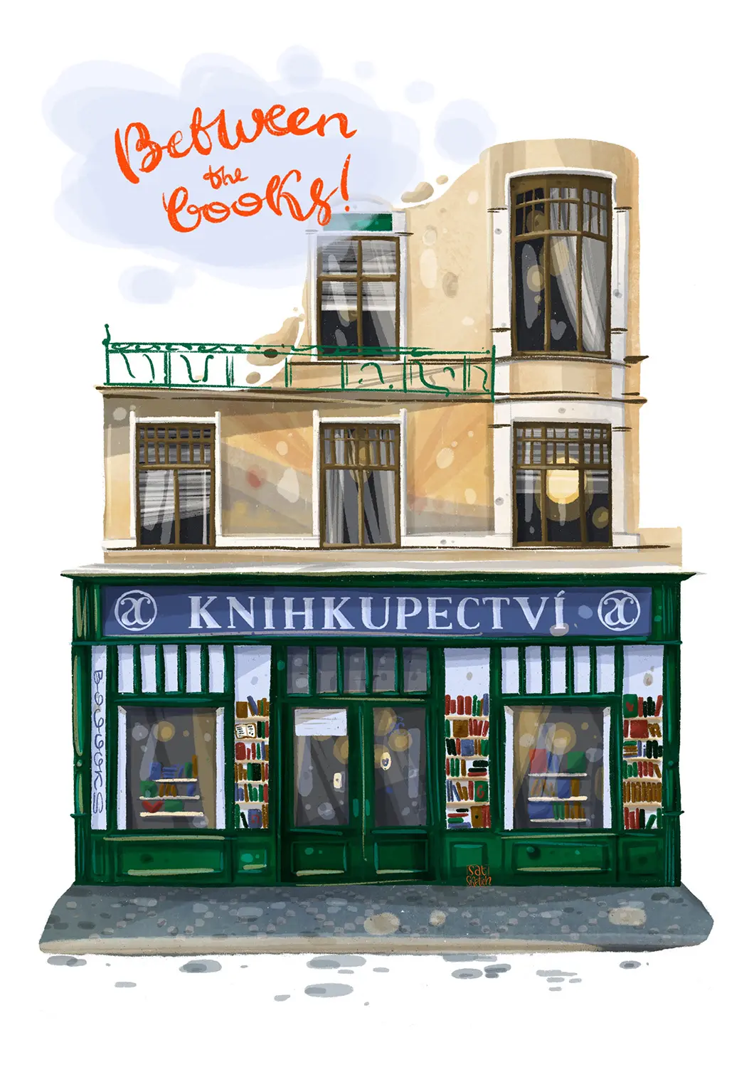 Academia Bookshop front illustration by Tatiana Saturday Sketch