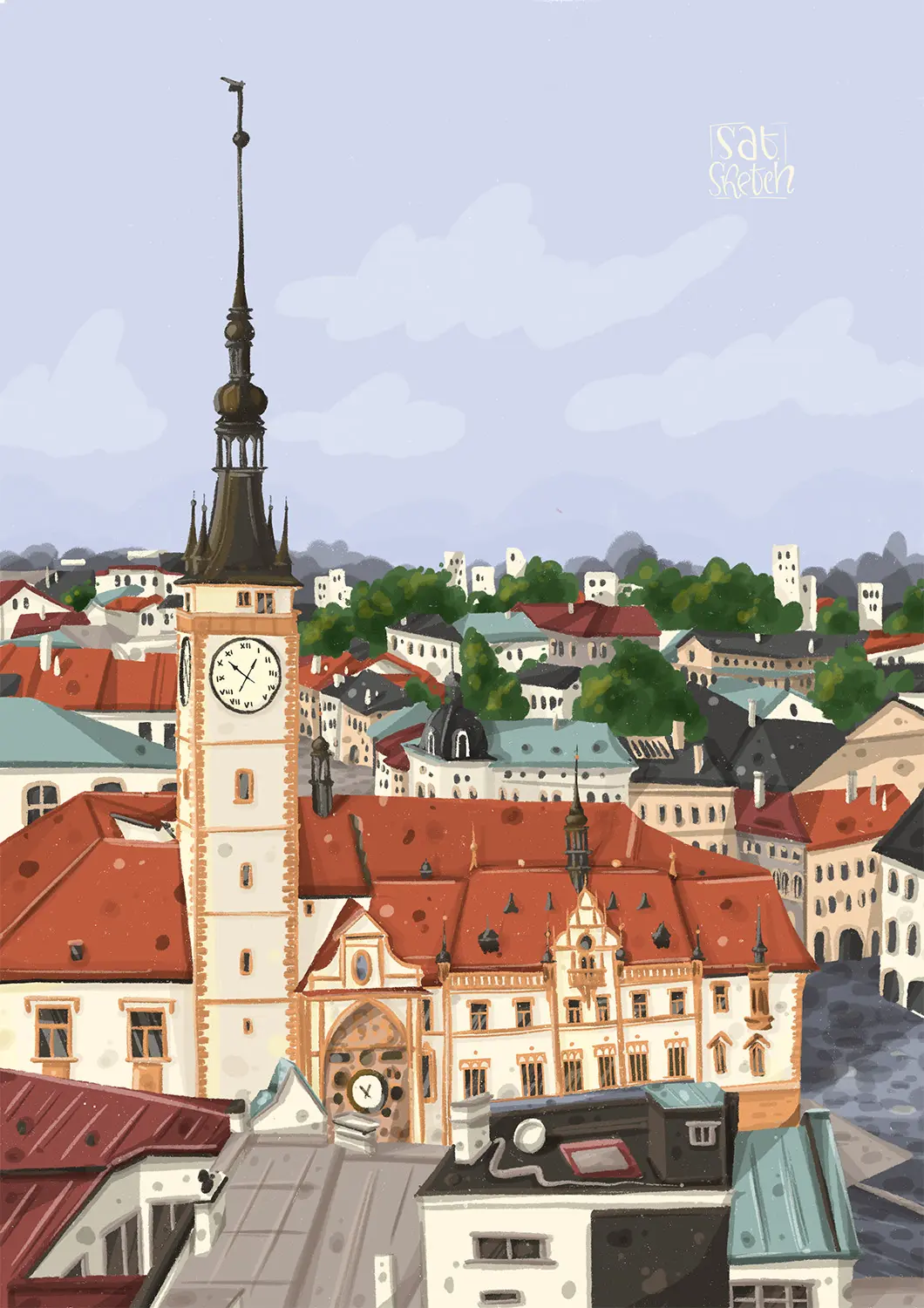 Olomouc Postcard Town Hall illustrated by Tatiana Saturday Sketch